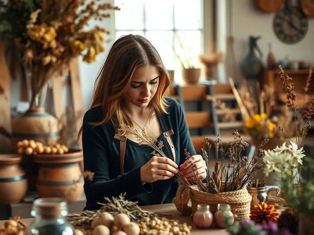 A serene image of a woman deeply focused on crafting a botanical creation, surrounded by natural light and various botanical elements in a cozy workshop space.