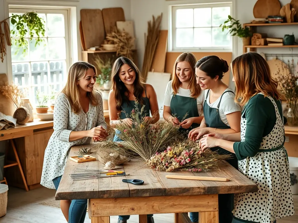 A group of women gathered around a table, laughing and engaging in a floral arrangement workshop, surrounded by various dried flowers and crafting tools.