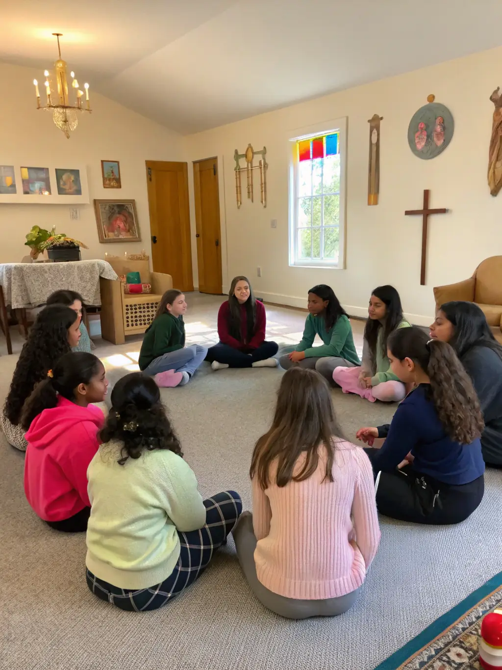 Image of a group of women sitting in a circle, sharing stories and experiences during a women's circle course at The Nest of Craftswomen, with candles softly illuminating their faces.