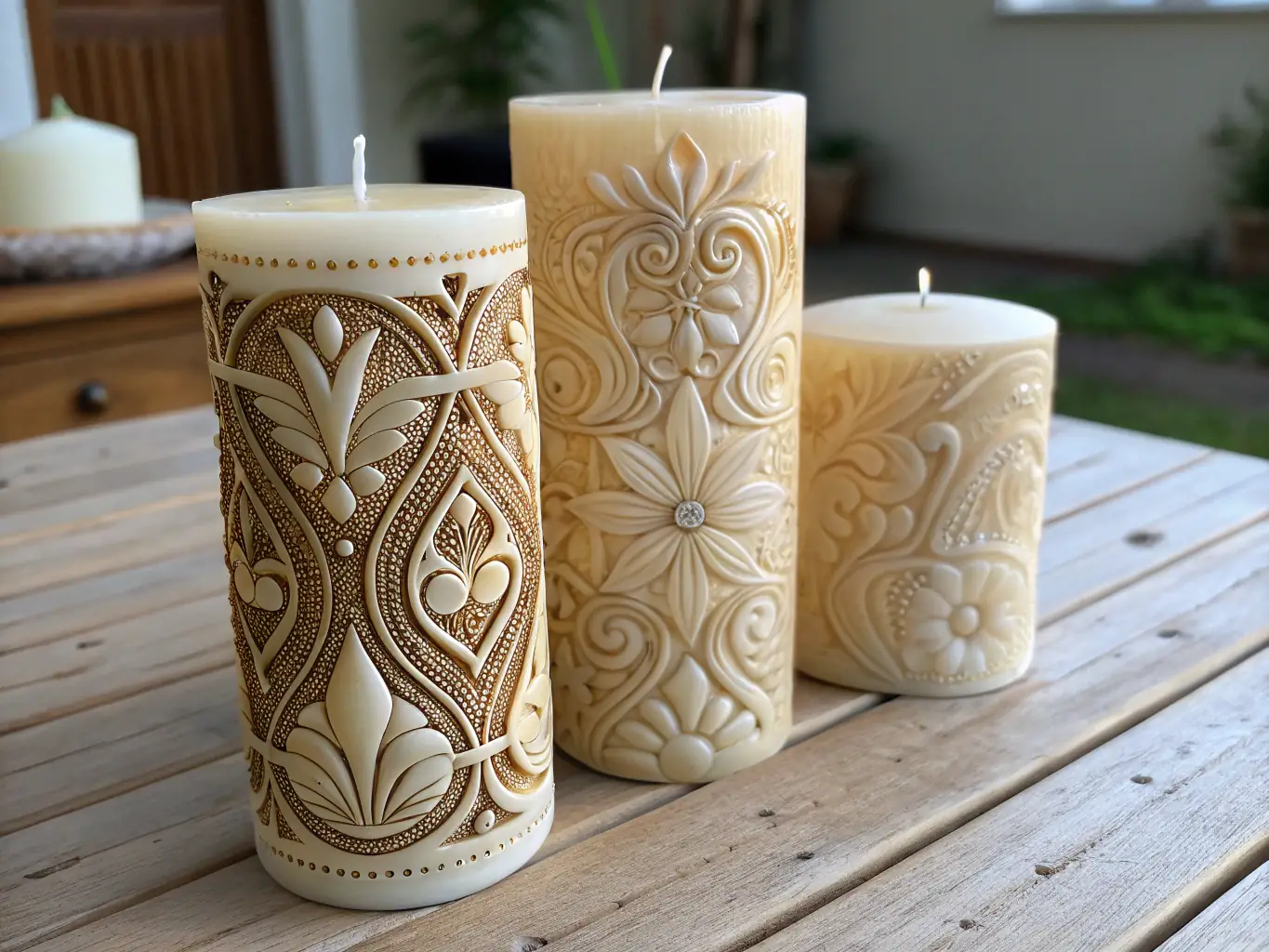 A close-up shot of hands carefully arranging dried flowers onto a candle, showcasing the delicate process of botanical candle making in a workshop setting.