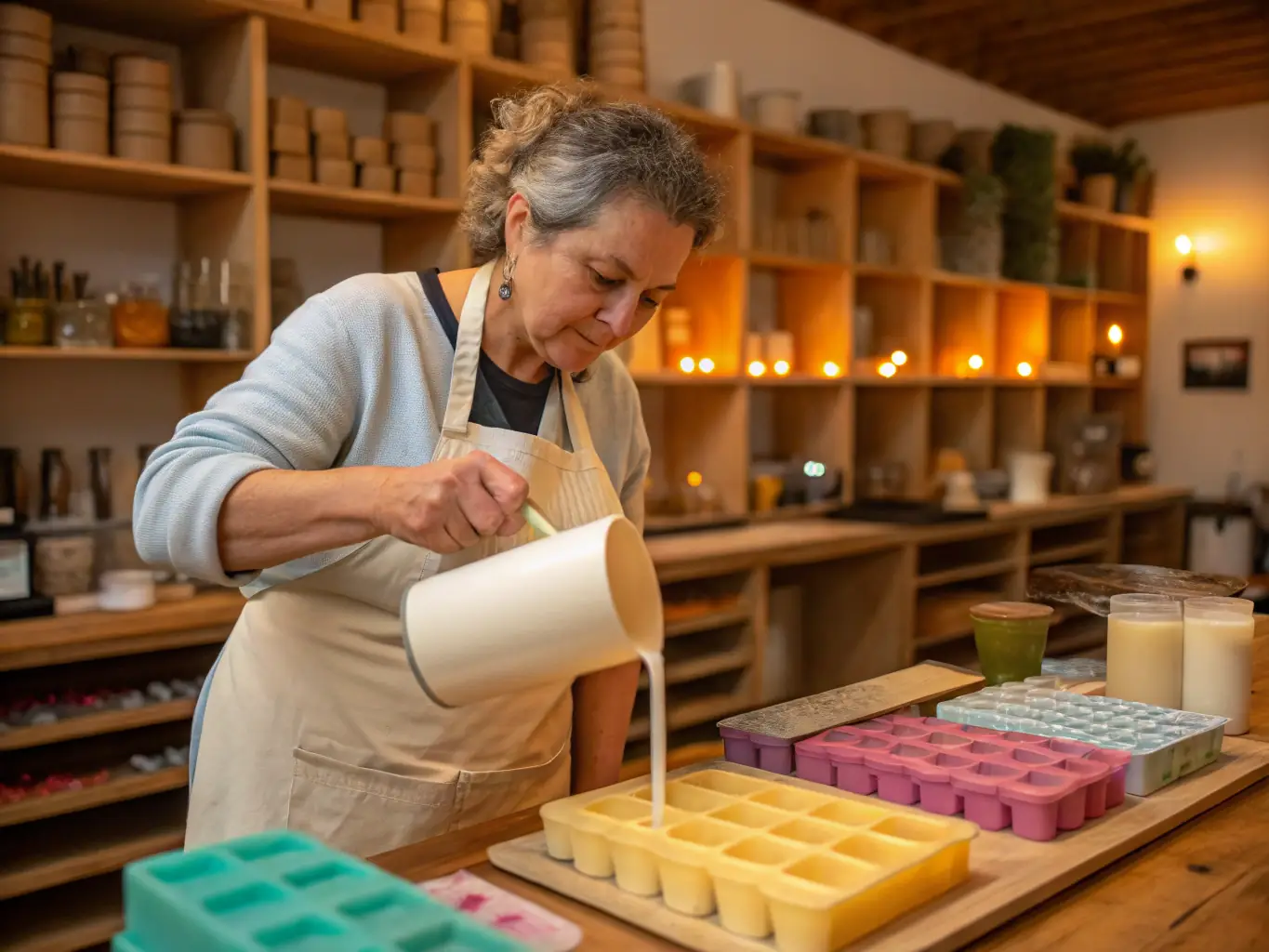 A close-up shot of a woman's hands gently crafting a botanical candle during a workshop, surrounded by natural light and dried flowers, emphasizing the hands-on experience and connection to nature.