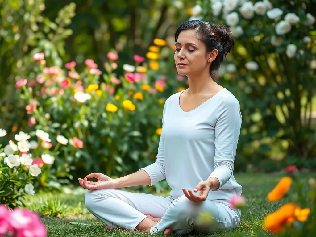 A woman meditating in a serene botanical setting, surrounded by candles and flowers, representing inner peace, mindfulness, and the journey of self-discovery.
