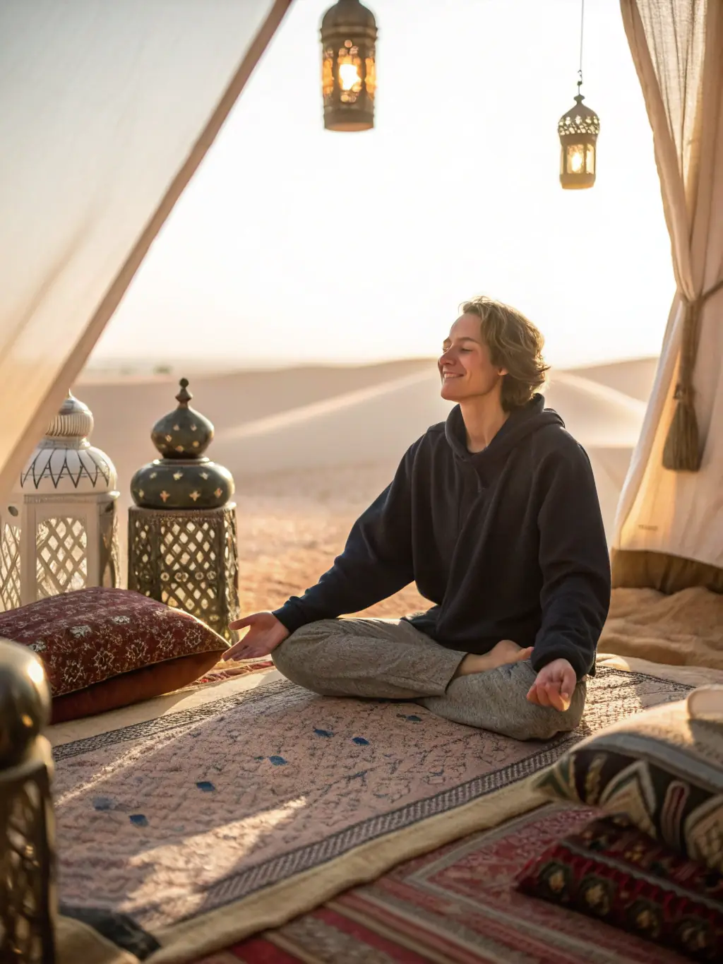 A serene image of a woman meditating with a botanical candle, representing the inner growth and mindfulness cultivated through courses at The Nest of Craftswomen.