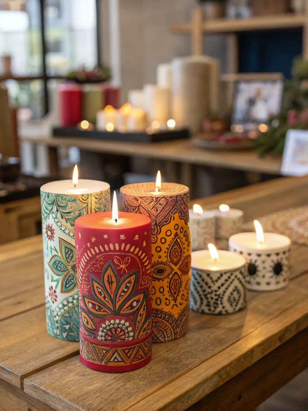 Image showcasing a variety of finished botanical candles created by course participants at The Nest of Craftswomen, displayed artfully on a wooden table with natural light.